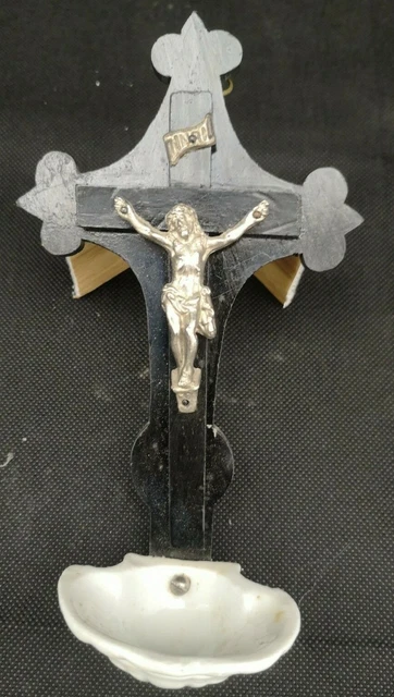 Ancien Crucifix En Bois Avec Bénitier Coquillage – Objet Art Déco Du Début XXème – Très Beau Décor