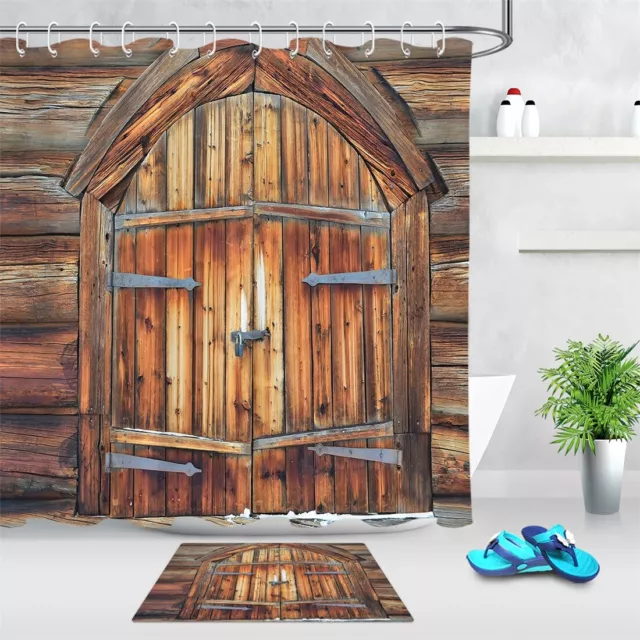 Wood Farmhouse Rustic Barn Door Fabric Shower Curtain Set Bathroom Decor 72"