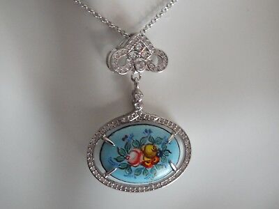 French Finift set into sterling silver pendant with cubic zirconia