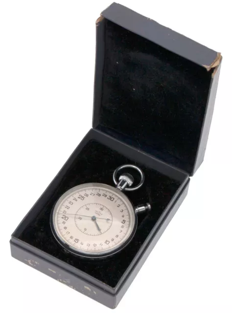 Rare 1st version 1957-made SLAVA Stopwatch Chronometer w/ 2 knobs only, orig box
