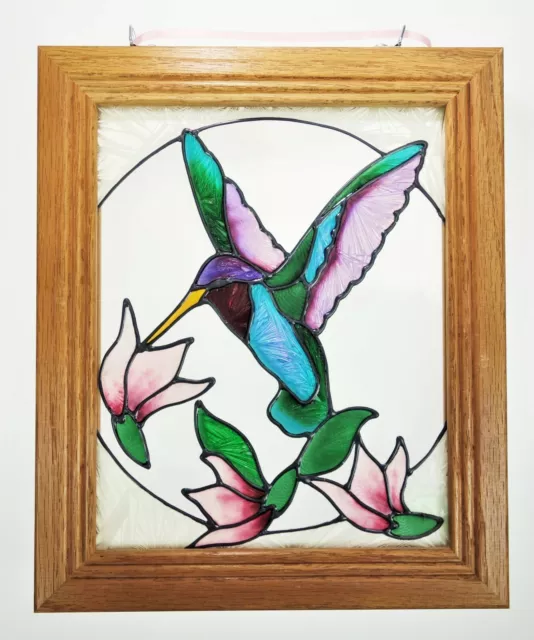 Hummingbird Stained Glass Leaded Oak Wood Frame Suncatcher Picture Hanging Decor