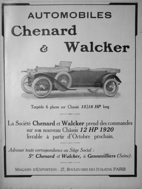 Publicité De Presse 1919 Automobiles Chenard & Walcker Chassis 12 Hp