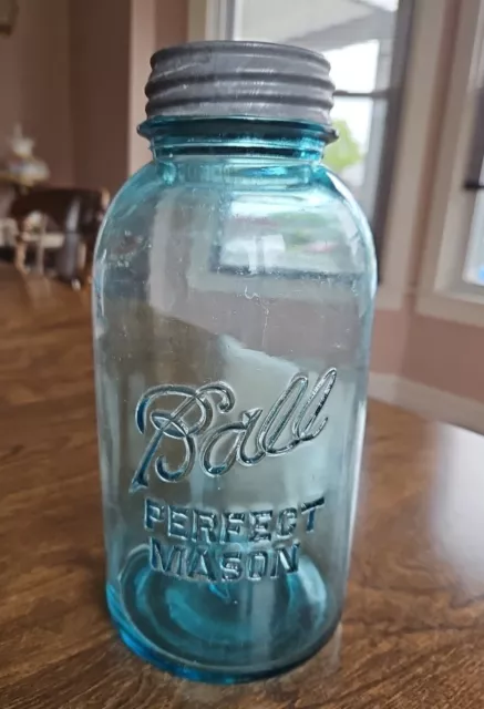 Antique BALL PERFECT Mason Jar Half Gallon Aqua Blue & Zinc Lid (1923- 1933)