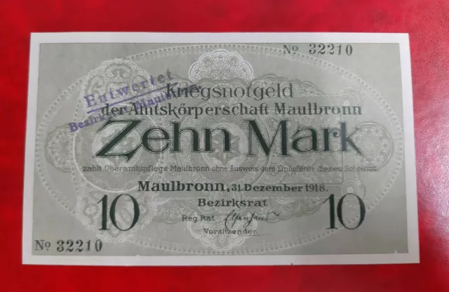 Maulbronn Notgeld 10 Mark 1918 Entwertet Emergency Money Germany Banknote (14174