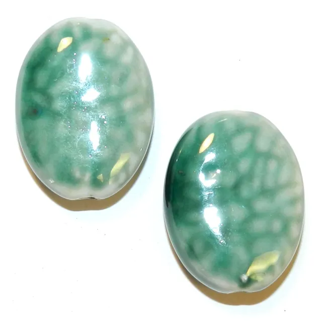 CPC312 Green & White Dappled 29mm Flat Oval Glazed Porcelain Beads 6pc