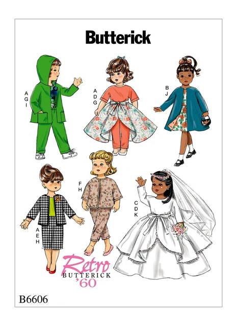 Butterick Retro '60 Pattern B6606 18" Doll Gown Veil Dress Coat Skirt Pants FF