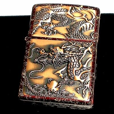 Zippo Lacquered Red Dragon Rise Metal Plate Lighter Black Velor Box Japan