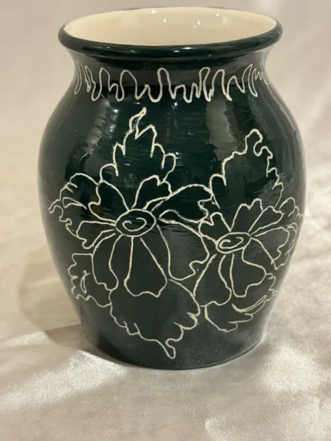 Art Pottery Vase Green W/ Floral Design Hand Thrown Vintage Signed White 5” Tall