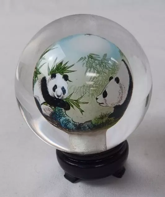 Reverse Hand-Painted “Panda Theme” Art Glass Globe Paperweight, Heavy