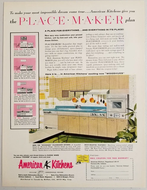 1957 Print Ad American Kitchens The Placemaker Plan Connersville,IN
