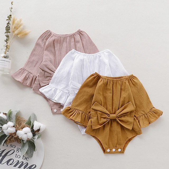 Baby Girls Bodysuit Long Sleeve Bowknot Waist Solid Color Romper Playsuit Tops
