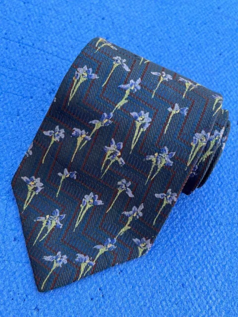 Authentic Ermenegildo Zegna Orchid Flowers Design On Blue 100% Silk Necktie Tie