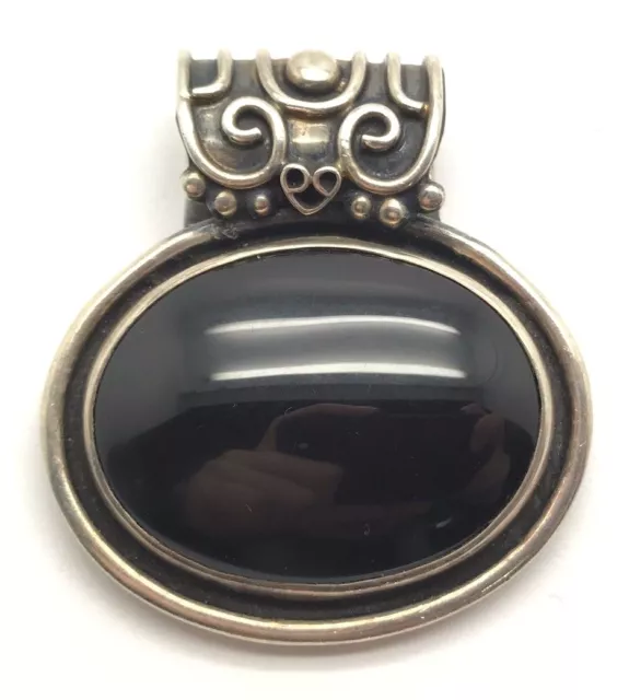 Heavy Vintage Oxidized Sterling Silver Oval Black Onyx Fancy Bail Chunky Pendant