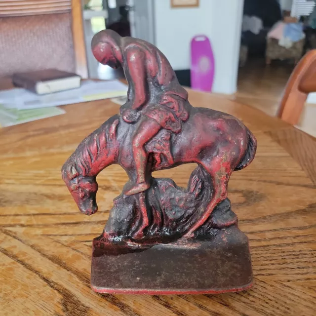Vintage End of The Trail Man On Horse Cast Iron Native Red Antiqued Gold Bookend
