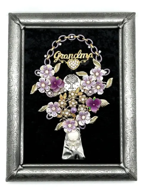 Vintage Jewelry Art GRANDMA'S FLOWER BASKET Gold Tone & Purples 6 1/4"x 8 1/4"