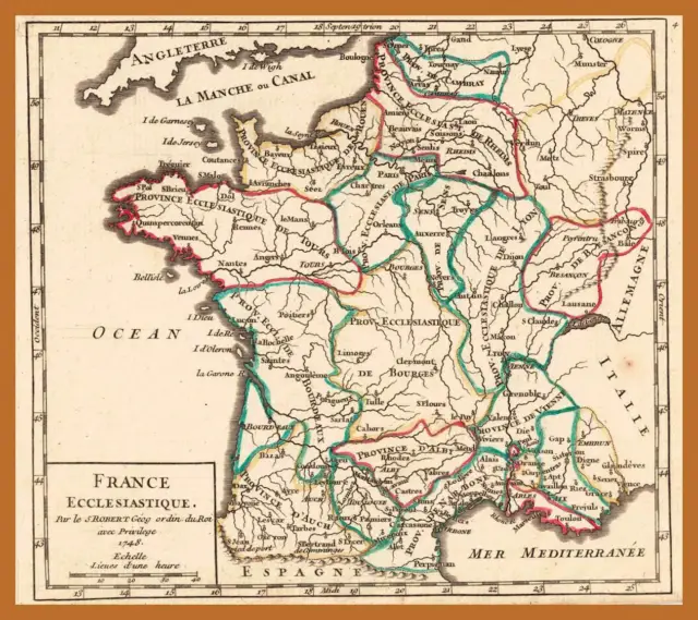 Frankreich kirchlich dekorative  Landkarte Vaugondy 1749 Kupferstich Original!