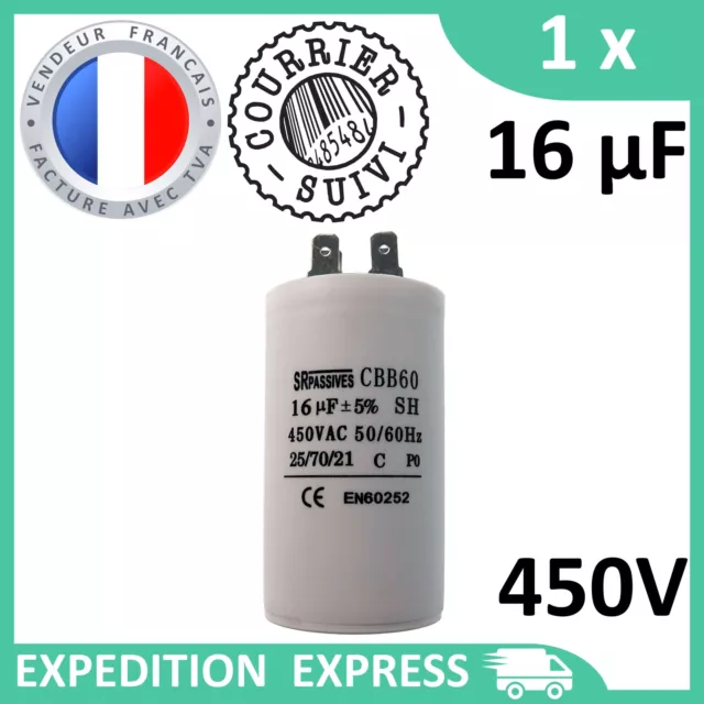 Condensateur moteur 16µF 16uF 450V à cosses CBB60 MKSP démarrage/permanent