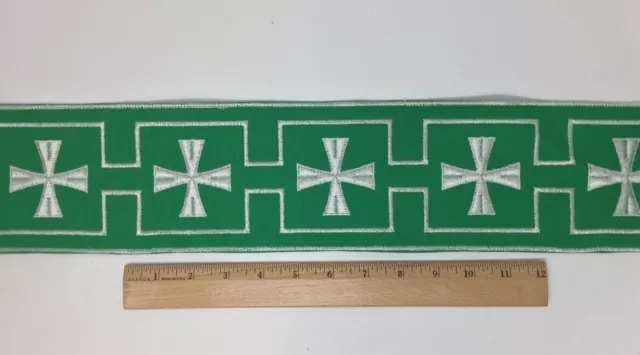 Vintage Vestment White Cross on Green 4-1/4" Banding Sold By Yard
