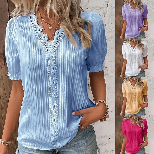T-shirt casual da donna camicetta con collo a V e maniche corte taglie forti dis