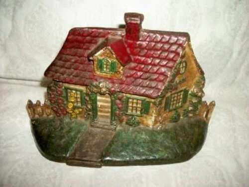ANTIQUE 1920s IRON DOORSTOP HP COTTAGE RED ROOF ROSE ARBOR ORIGINAL DEEP COLOR