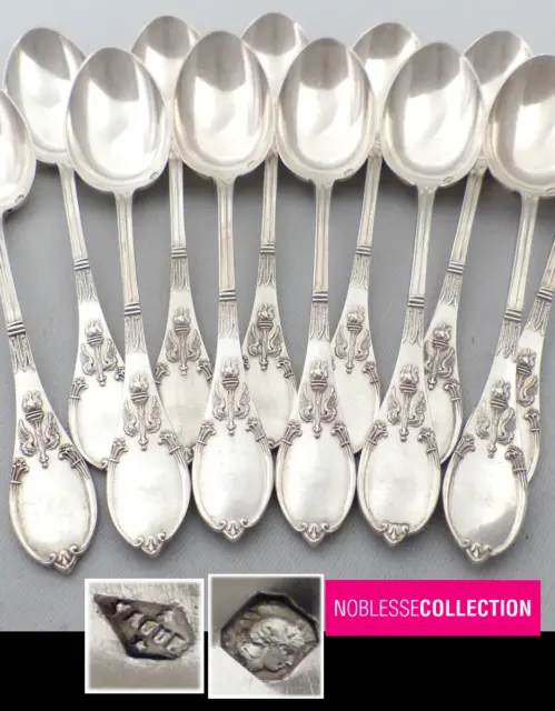 ANTIQUE 1880s FRENCH STERLING SILVER COFFEE TEA SPOONS SET 12 PCS EMPIRE STYLE