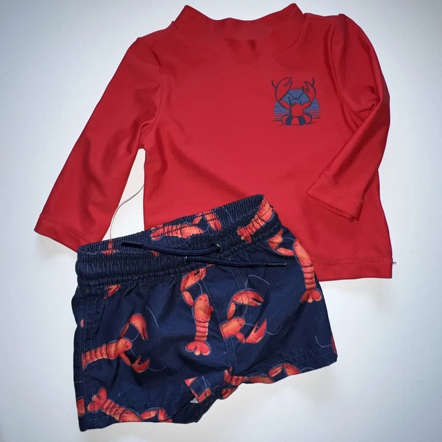 Carters Baby Boy Size 3 Month 2 Piece Swim Trunks & Rash Guard Long Sleeve Top