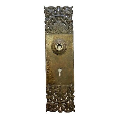 Antique Cast Brass Gothic Victorian Door Knob Back Plate Entry Door 10.75” X 3”