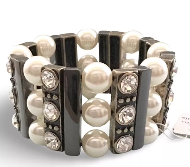 Lia Sophia "Classique" Crystal & Glass Pearl Beads Silver Tone Stretch Bracelet