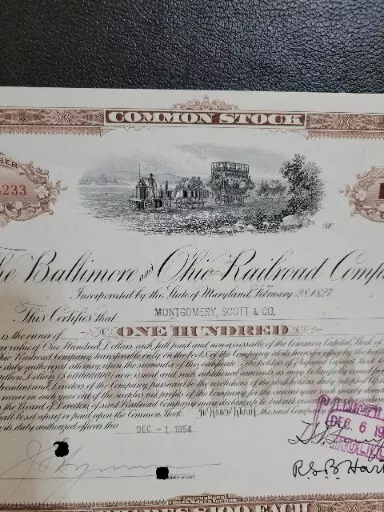 Baltimore and Ohio Railroad Company Stock Certificate 100 SHARES.,1954. 3