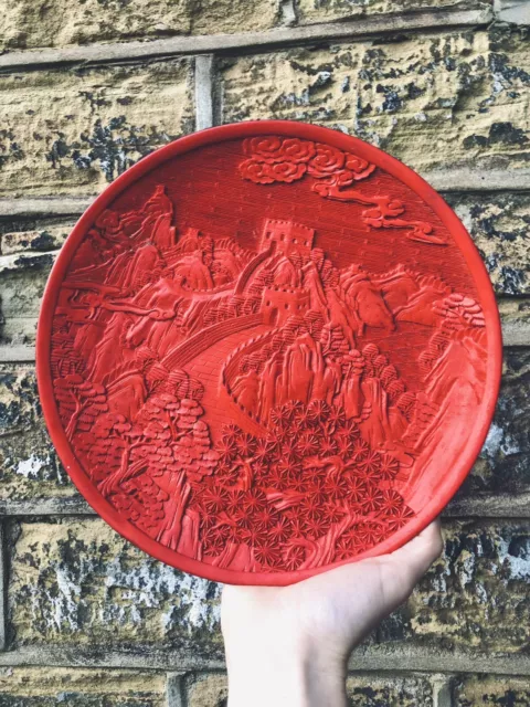 Chinese Cinnabar Carved Laquer Plate Great Wall Of China Vintage 24.5cm Diameter