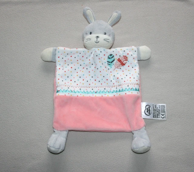 Mots D'enfants Doudou Lapin Plat Rose Blanc Gris Plumes Pois Etat Neuf 2