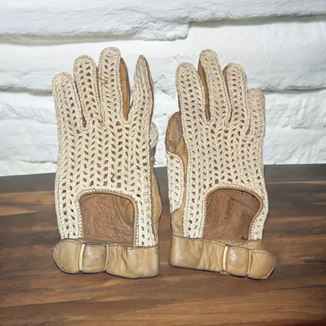 Rare Paire De Gants Ancienne Crocheté Cuir Tricoté Petite Taille