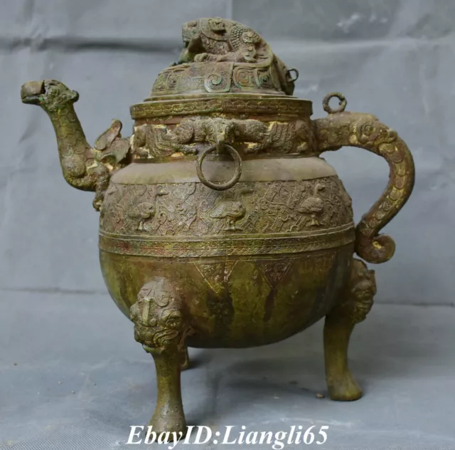 13 "Old Bronze Ware Dynasty Beast Griff Birds Wine Pot Trinkgefäß