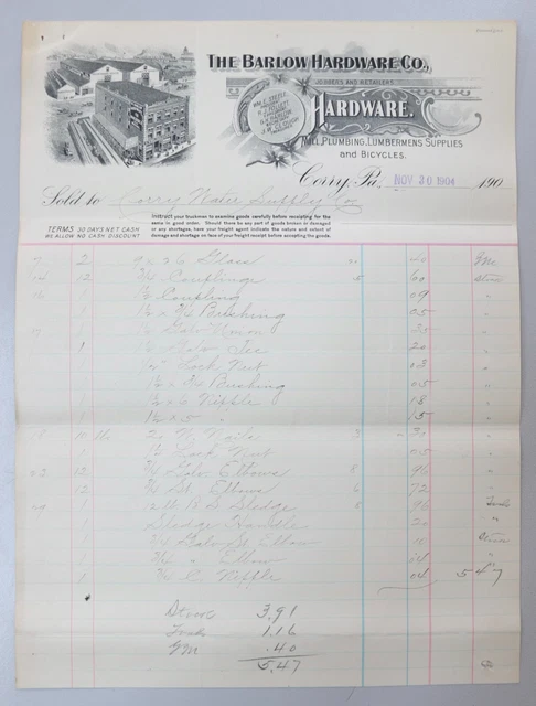 Antique 1904 The Barlow Hardware Co. Corry Pennsylvania Billhead Invoice Receipt