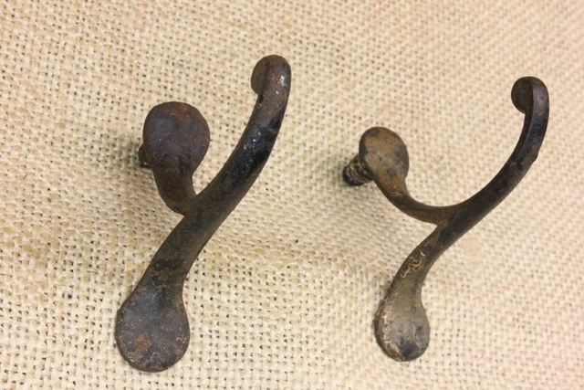 2 Old Single Coat Hooks School Farmhouse Clean Cast Iron Vintage 1850’s Screw in 2