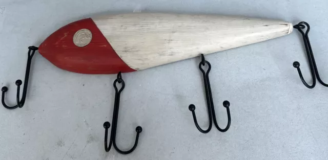 Ducks Unlimited Wooden Fishing Bobbin Boat Float 4 Metal Fish Hooks Coat Hanger
