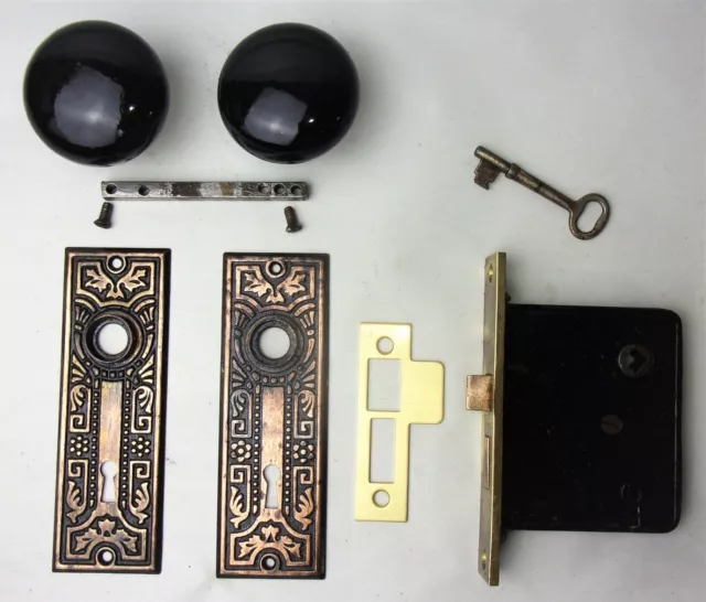 Antique Set EASTLAKE Backplates Black Porcelain Door Knobs Mortise Lock w/ Key