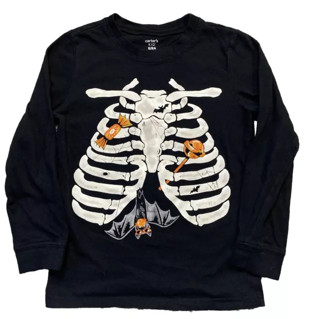 Carter's Skeleton T-Shirt Boy's Medium 8 Halloween Glows in the Dark Long Sleeve