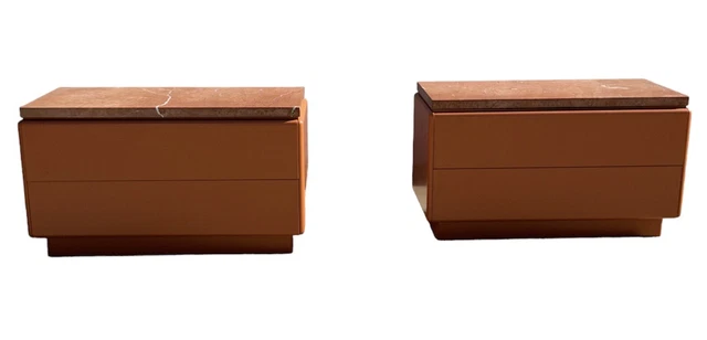 Mid Century Modern Italian Pair Low Chests Dressers Marble Salmon Lacquer 1980s