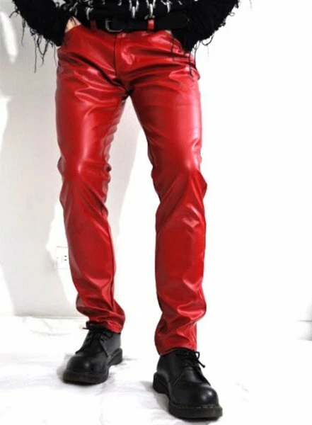 Pantalon Motard En Cuir Rouge Matelassé Homme - Coupe Skinny - Taille 28 à 48 - Neuf Avec Étiquettes