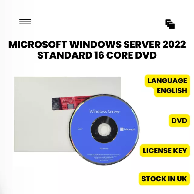 Microsoft Windows Server 2022 Standard 16 Core DVD. License key. Best value!