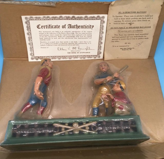 BOOK OF KNOWLEDGE CAST IRON MECHANICAL BANK HOMETOWN BATTER BASEBALL W. papers.