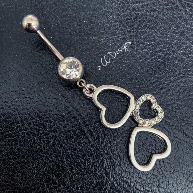 14g Cz Dangle Sparkle Tripple Heart Belly Button Navel Ring (B209)