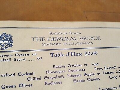 Rainbow Room Menu  General Brock 1947 Niagara Falls Ontario Canada Cardy Hotel