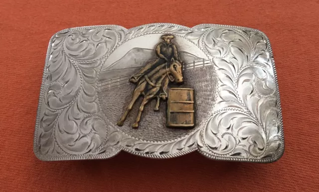 Fantastic Old Western American Sterling Silver Barrel Racing Trophy Belt Buckle