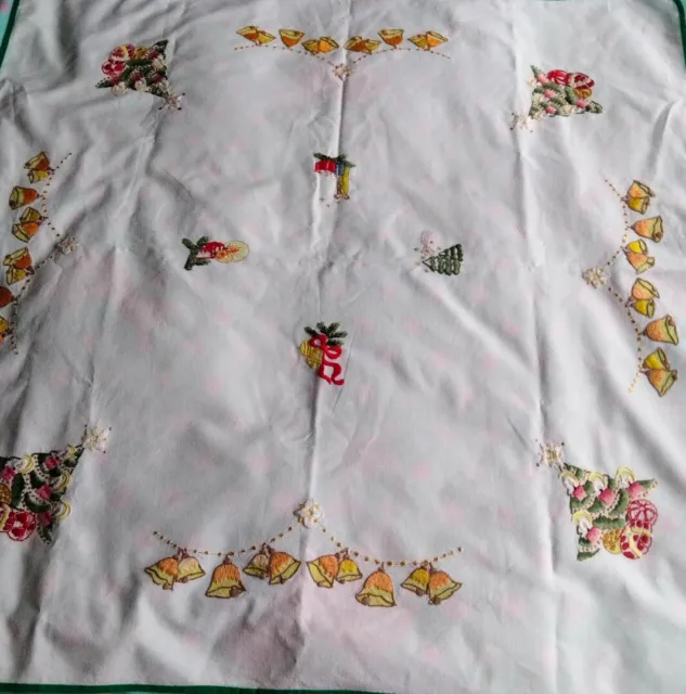 Christmas Vintage Hand Embroidered White Tablecloth