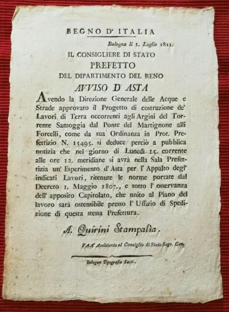 Vg686-Periodo Napoleonico,Bologna,Avviso D'asta:argini Samoggia-Ponte Martignone