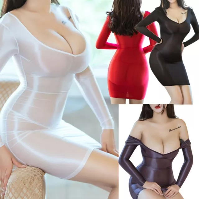 iiniim Womens Glossy See Through Dress Deep V Neck Bodycon Mini Dress Nightwear 3