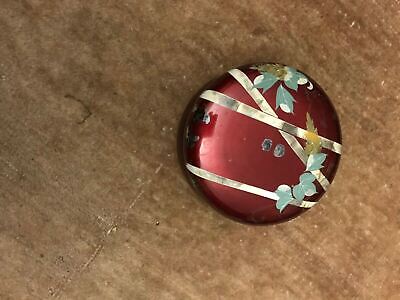 Vintage Red Japanese Trinket Lacquerware Dome Box Leaves Bamboo Design 5.5"D