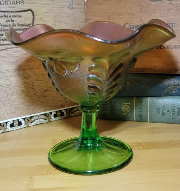 GORGEOUS Antique Northwood Green/Orange Daisy & Plume Carnival Glass Compote